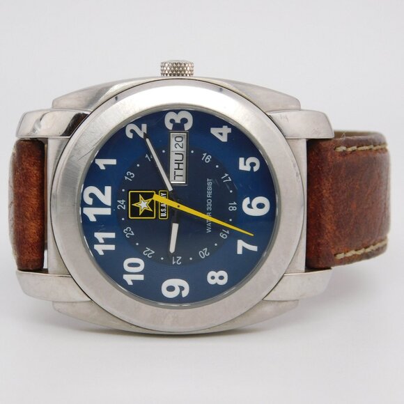 U.S.ARMY US/1002 Genuine Leather Quartz Analog Men's Watch New Battery - Picture 1 of 9